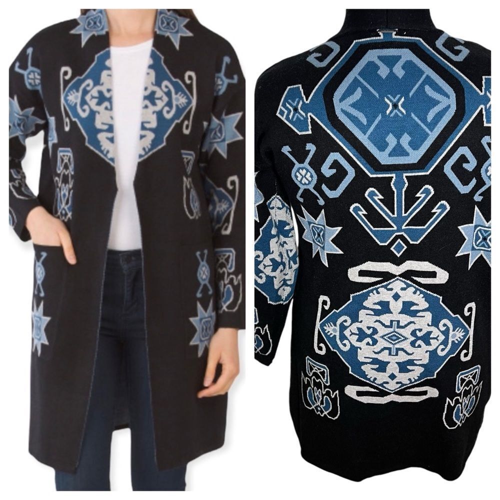 Sioni Unique Aztec/Tribal/Astrology‎ Print Long Cardigan Sweater -- L